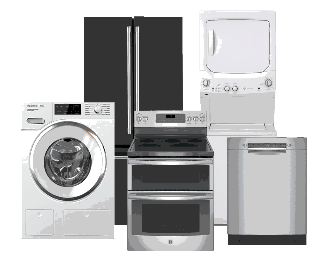 Image of home appliances including a washer, dryer, air conditioner, and dishwasher.