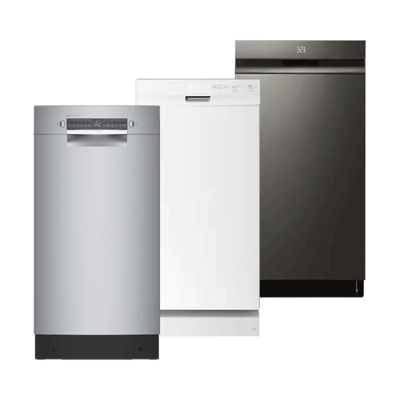 Three different types of dishwashers: standard built-in, portable, and countertop models