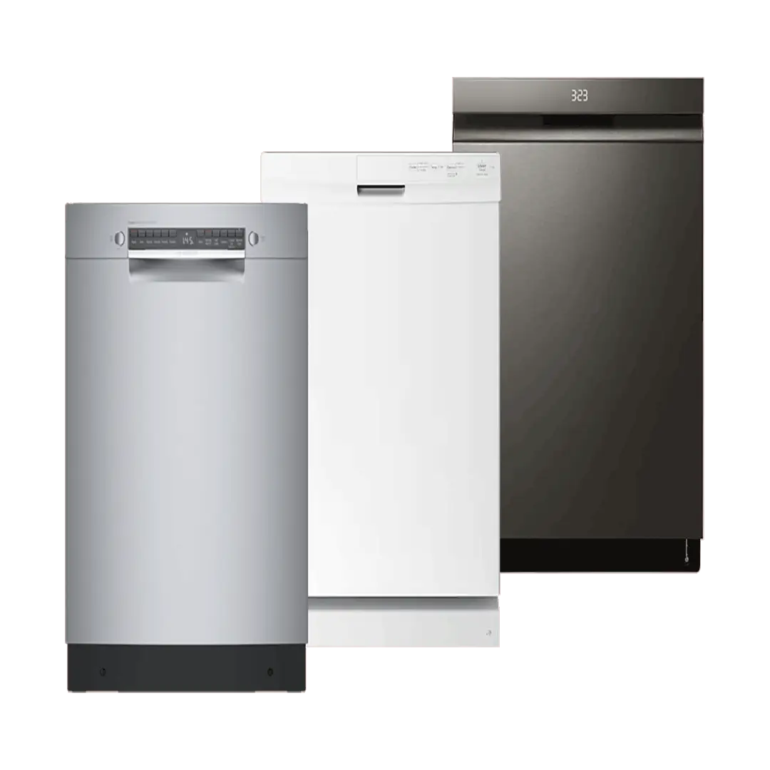 Three different types of dishwashers: standard built-in, portable, and countertop models